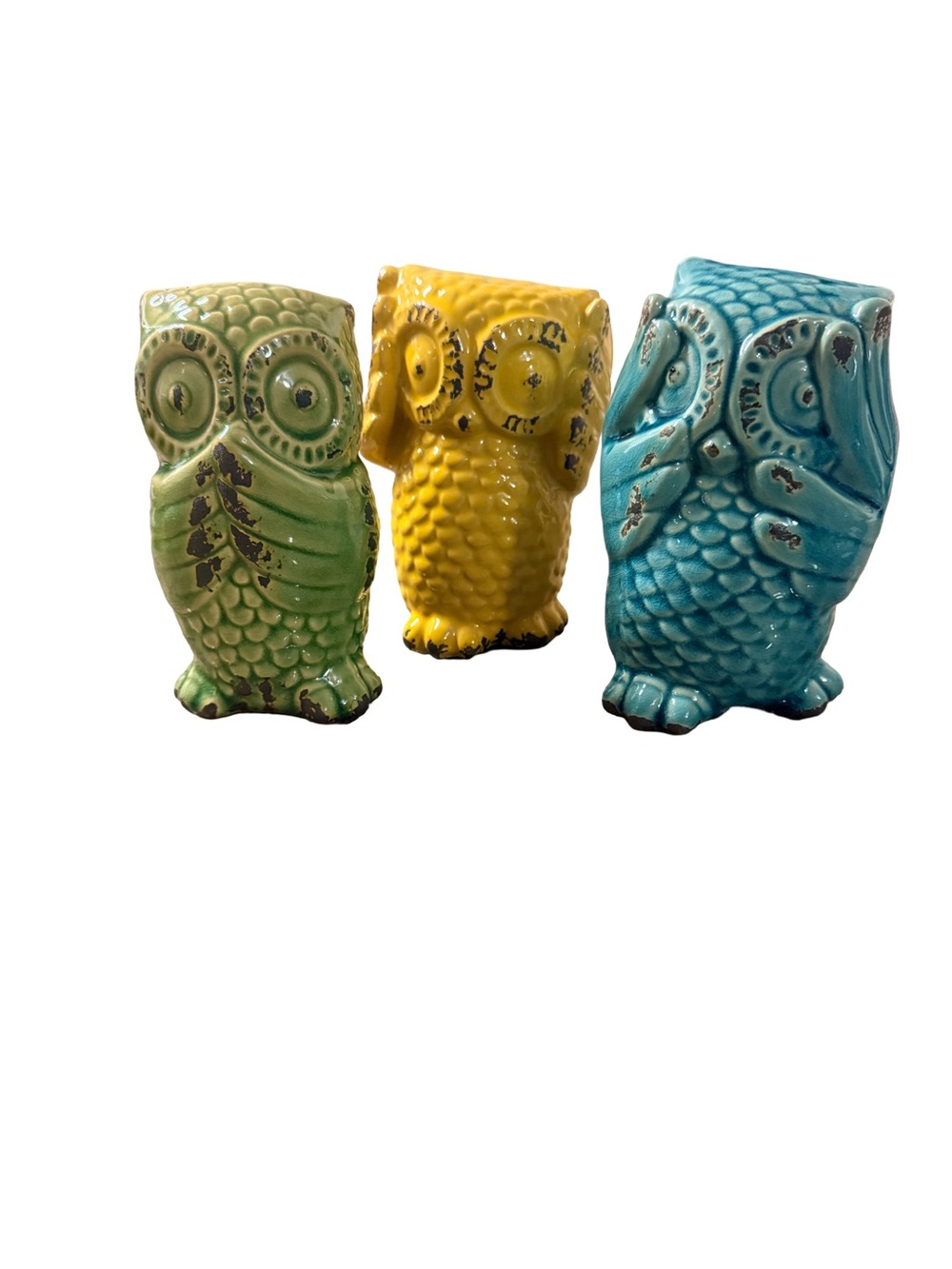 Vintage set of 3 Colorful Ceramic Owl Figurines. 
See Hear speak no evil.
